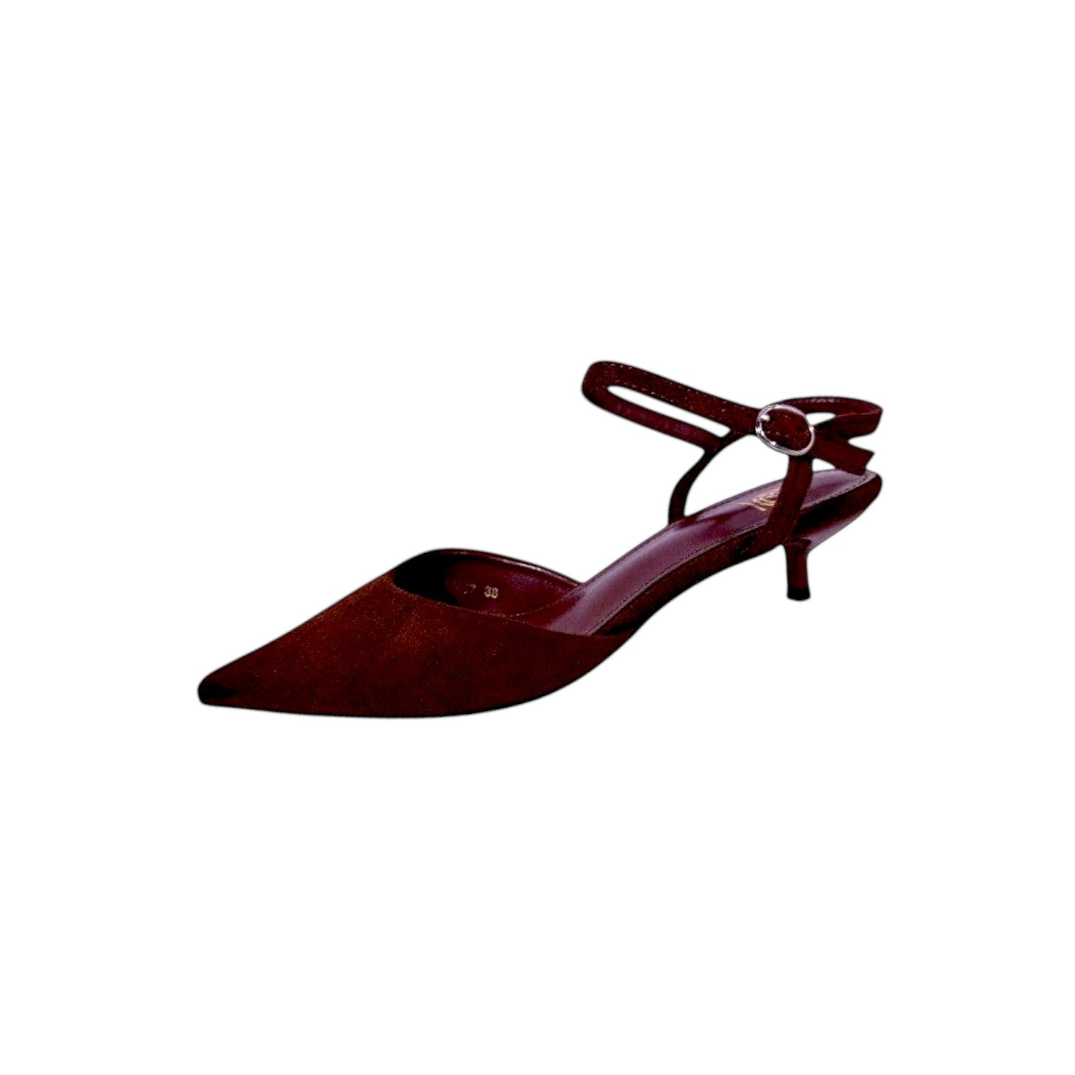 So and Ro dark brown suede pointed toe slingback heels with ankle strap and kitten heel.