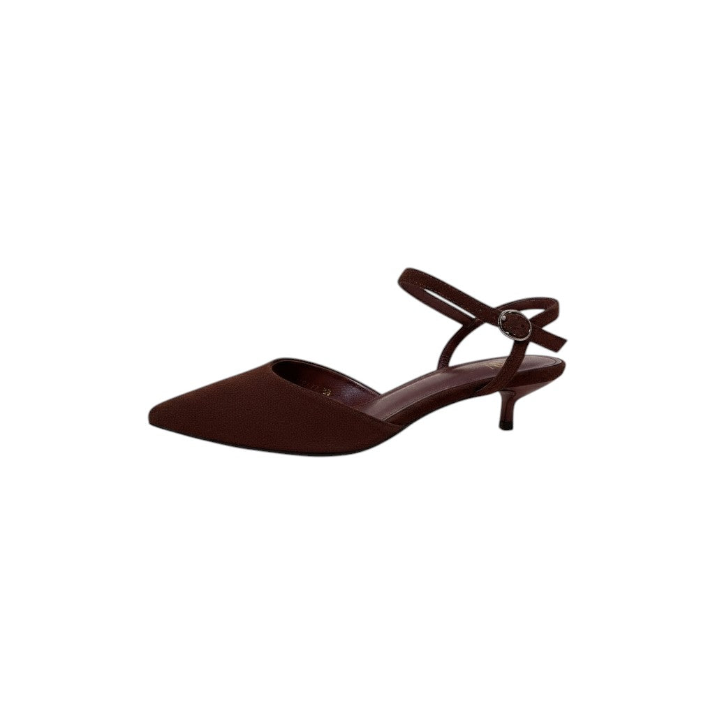 So and Ro dark brown suede pointed toe slingback kitten heel shoes with ankle strap and buckle.