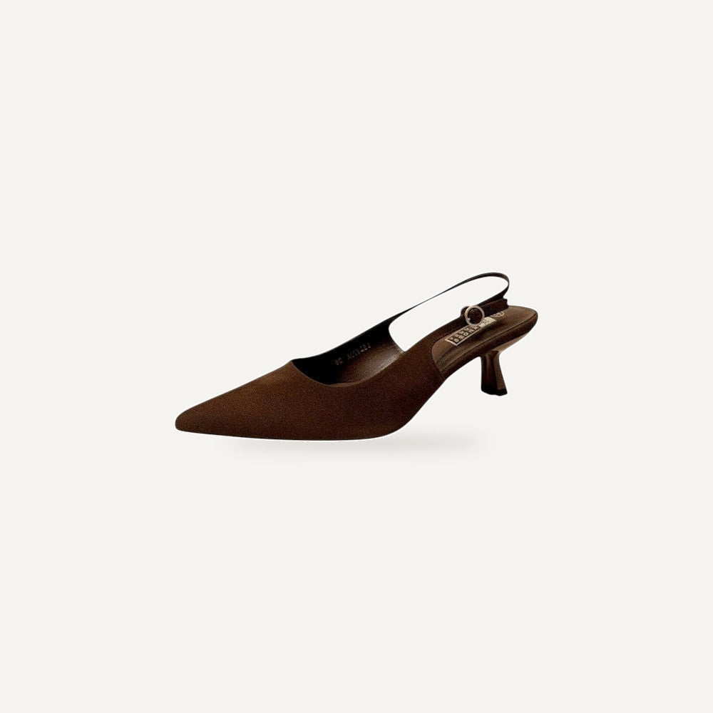 So and Ro dark brown textured fabric pointed toe slingback heels with kitten heel and adjustable strap.