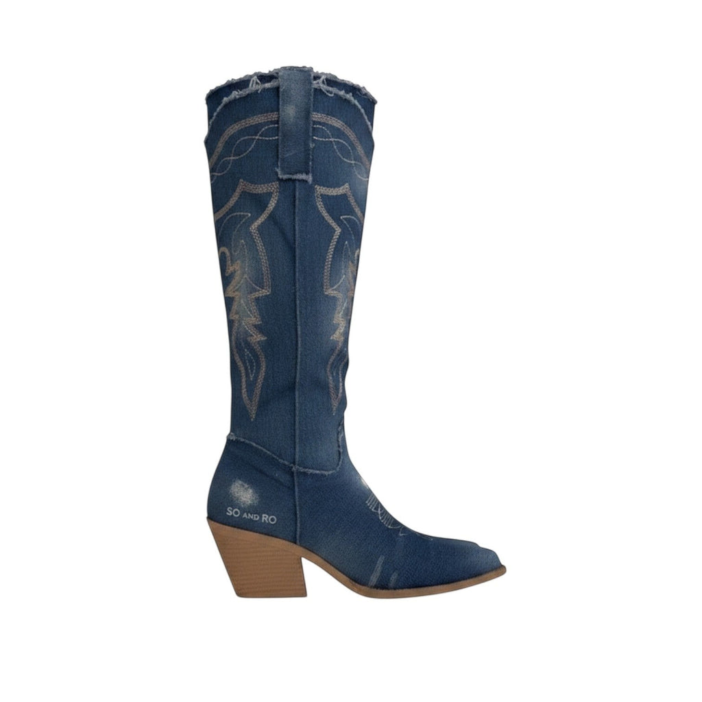 So and Ro blue denim western boots with intricate stitching and block heel.
