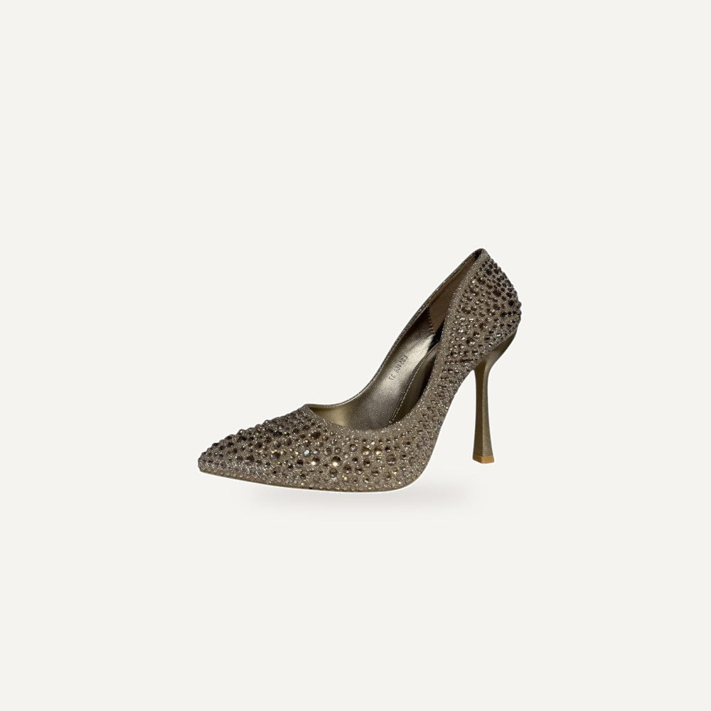 So and Ro gold rhinestone stiletto heel pumps with pointed toe. Elegant dress shoes for women.