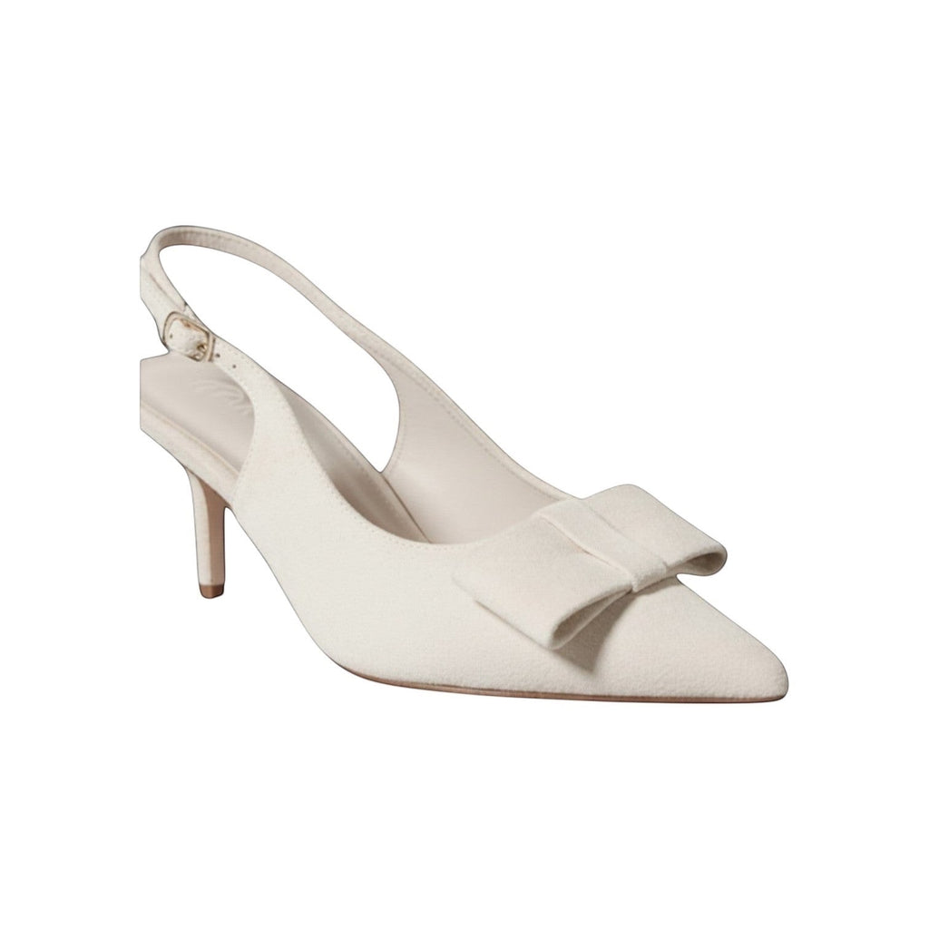 So and Ro off-white textured fabric slingback heels with pointed toe and bow accent.