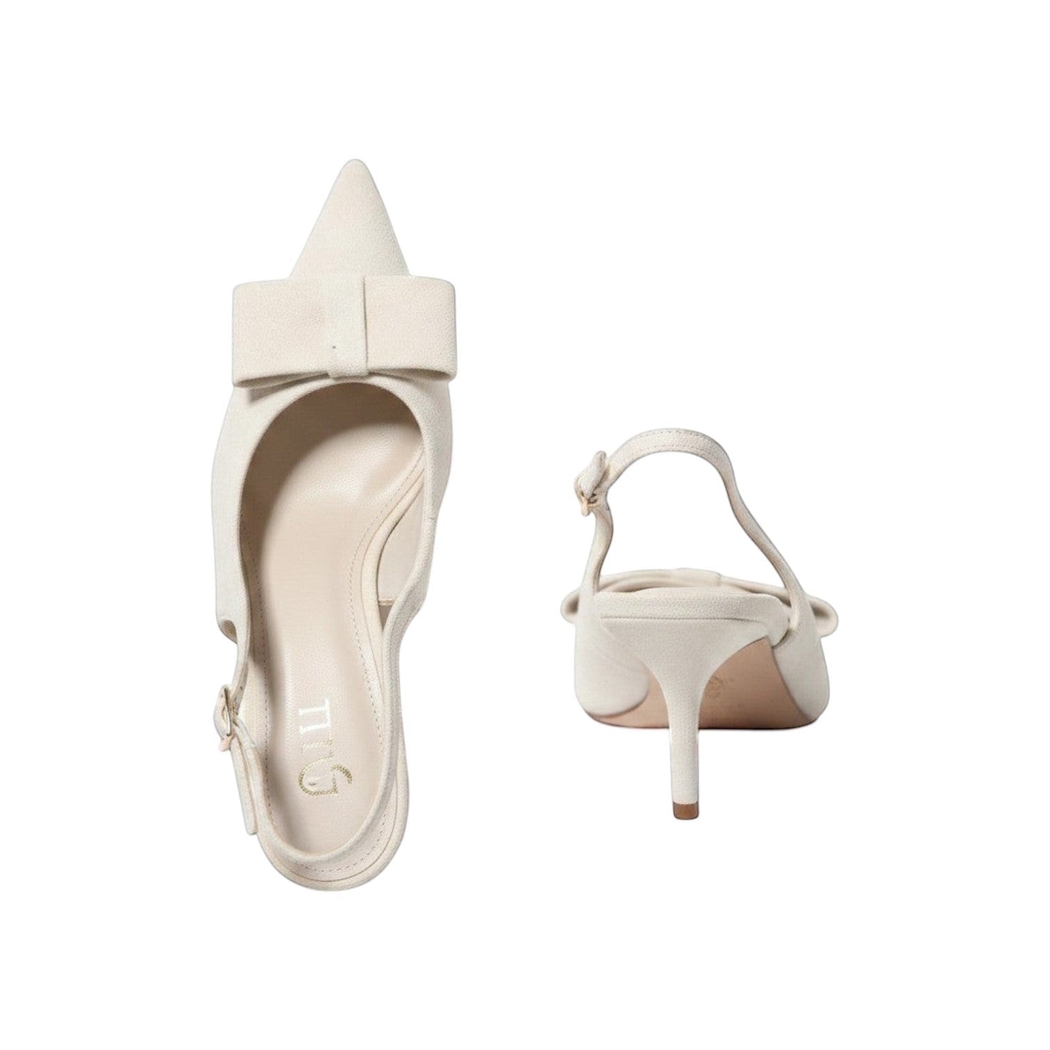 So and Ro off-white textured fabric slingback heels with pointed toe and bow accent.