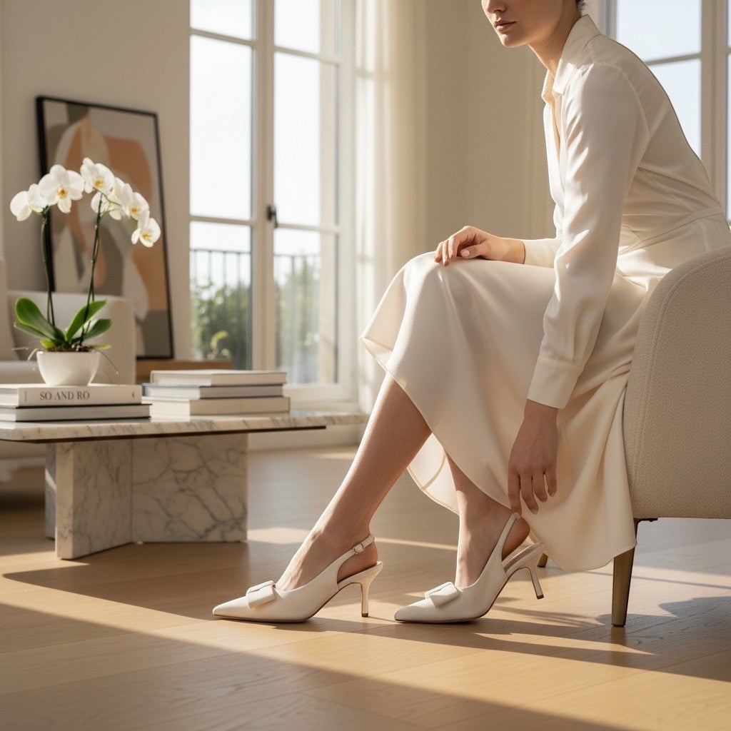 So and Ro off-white textured fabric slingback heels with pointed toe and bow accent.