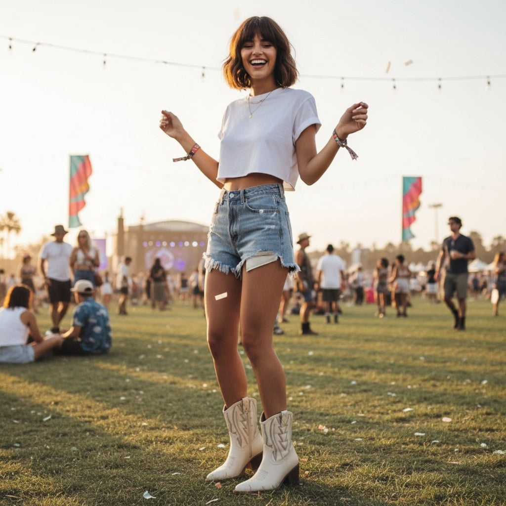 So and Ro off-white faux leather Western ankle boots with cowboy stitching and block heel, worn at a festival.