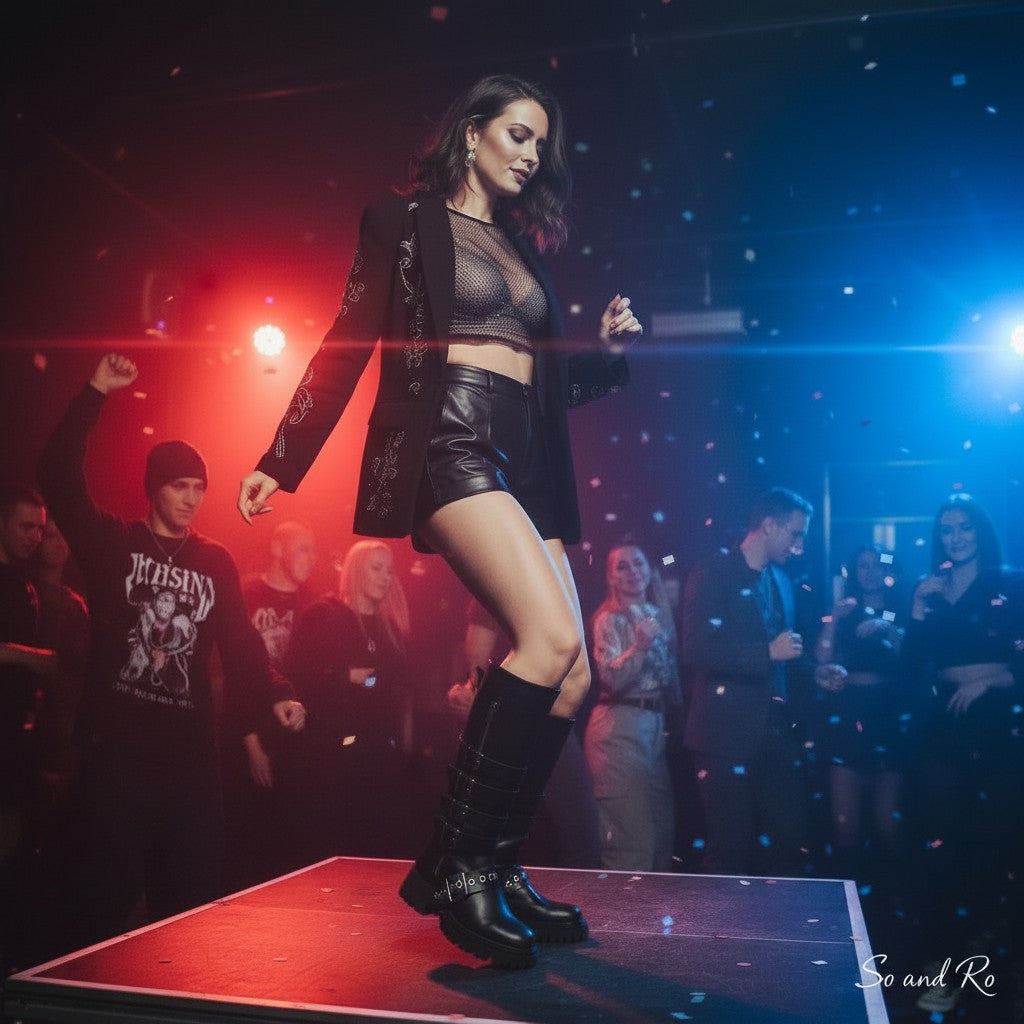 So and Ro - shoes and more - Awake zwarte kniehoge biker boots met gespen en chunky zool gedragen in een club