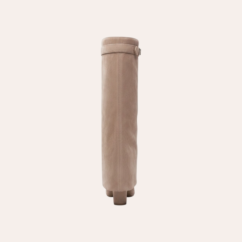 So and Ro - shoes and more - Aya beige omslaglaars met hoge schacht, gespdetail en blokhak, achterkant