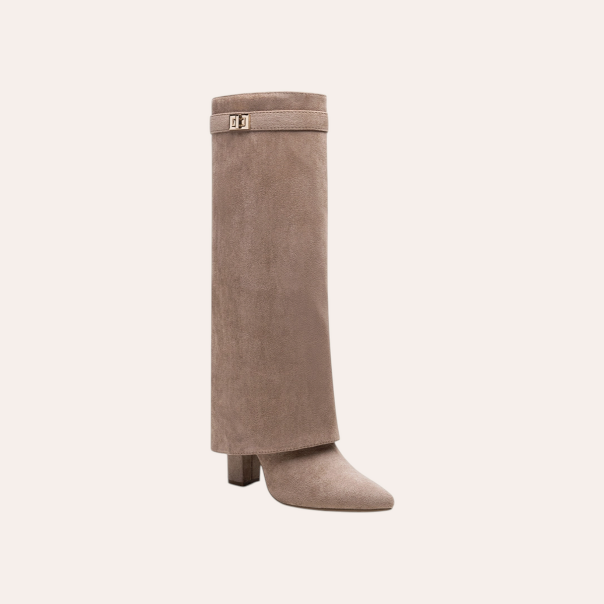 So and Ro - shoes and more - Aya beige omslaglaarzen met spitse neus, blokhak en stijlvol gespdetail aan de schacht.