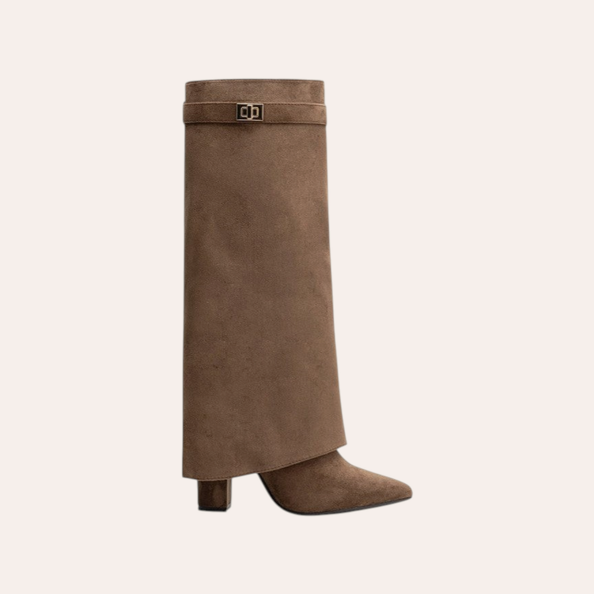 So and Ro - shoes and more - Aya bruine suède omslaglaars met spitse neus, blokhak en decoratieve gesp.
