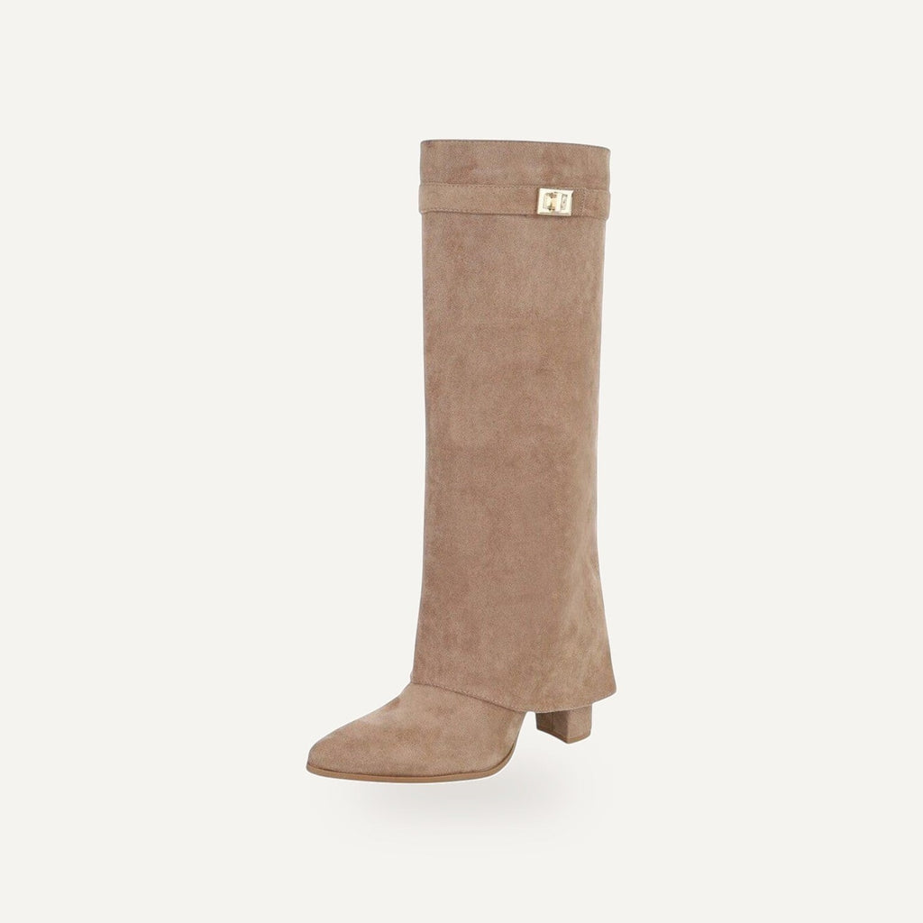 So and Ro - shoes and more - Aya kniehoge laarzen in taupe suède look met omslag en gouden gesp detail