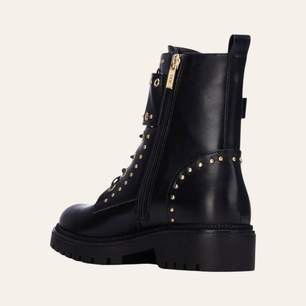 So and Ro - shoes and more - Barcabiker black faux leather biker boot with gold studs and side zipper