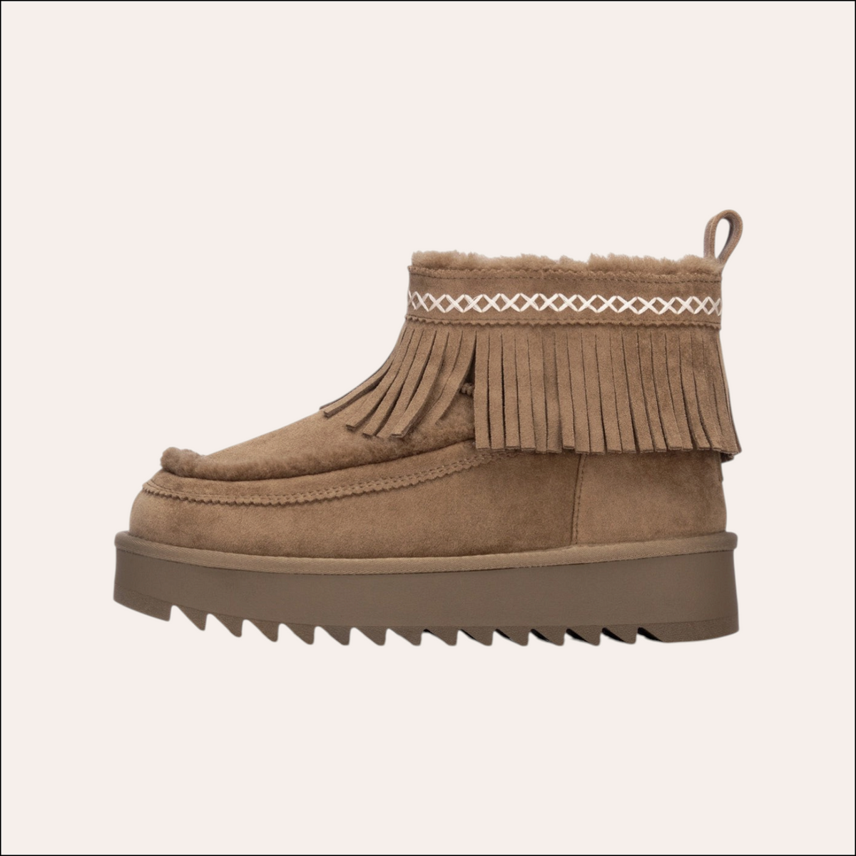 So and Ro - shoes and more - beige Refresh enkellaarsjes met franjes, pluizige voering en dikke profielzool