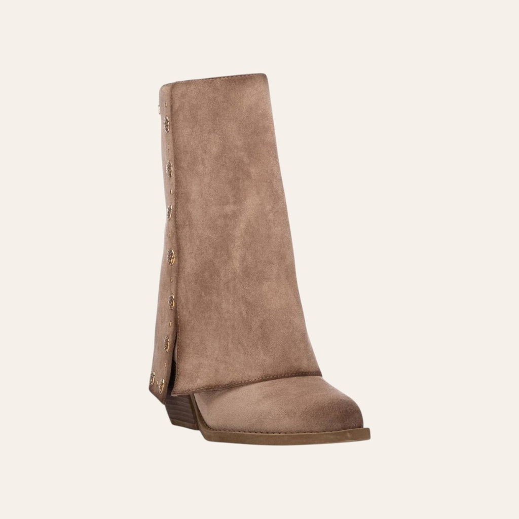 So and Ro - shoes and more - Geraldina beige microsuede fold-over ankle boots with decorative gold buttons