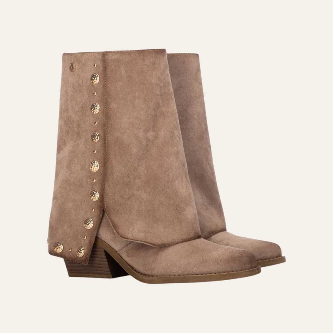 So and Ro - shoes and more - beige microsuede Geraldina boots with a fold-over cuff and decorative gold buttons.
