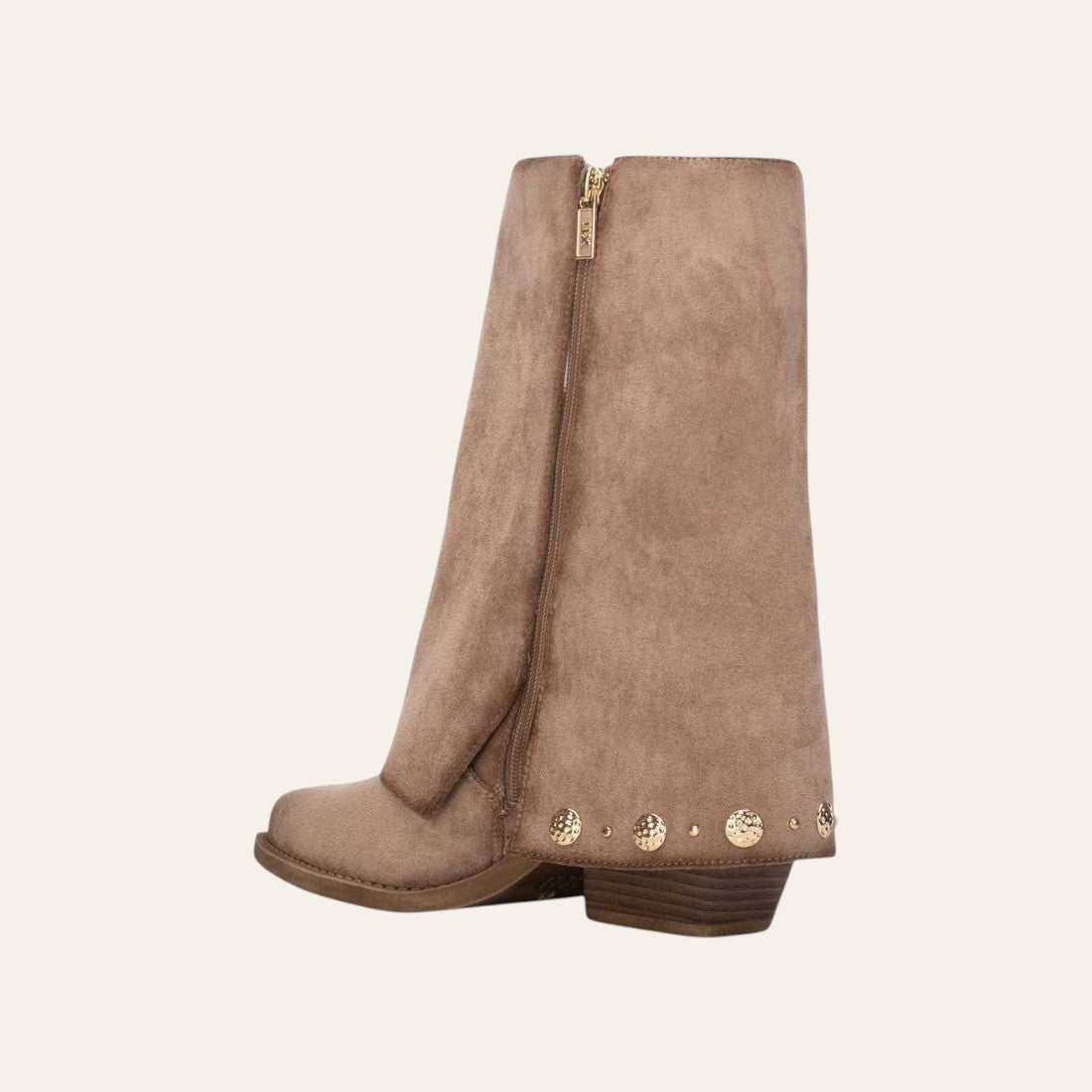 So and Ro - shoes and more - beige microsuede Geraldina fold-over boots with decorative gold buttons and block heel