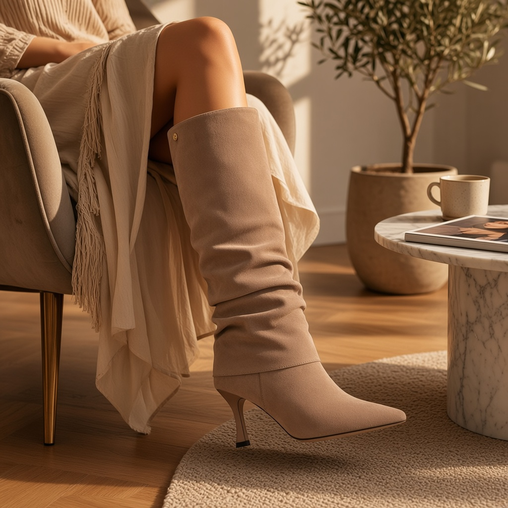 So and Ro - shoes and more - Rebecca beige kniehoge laarzen van microsuede met een elegante kitten heel