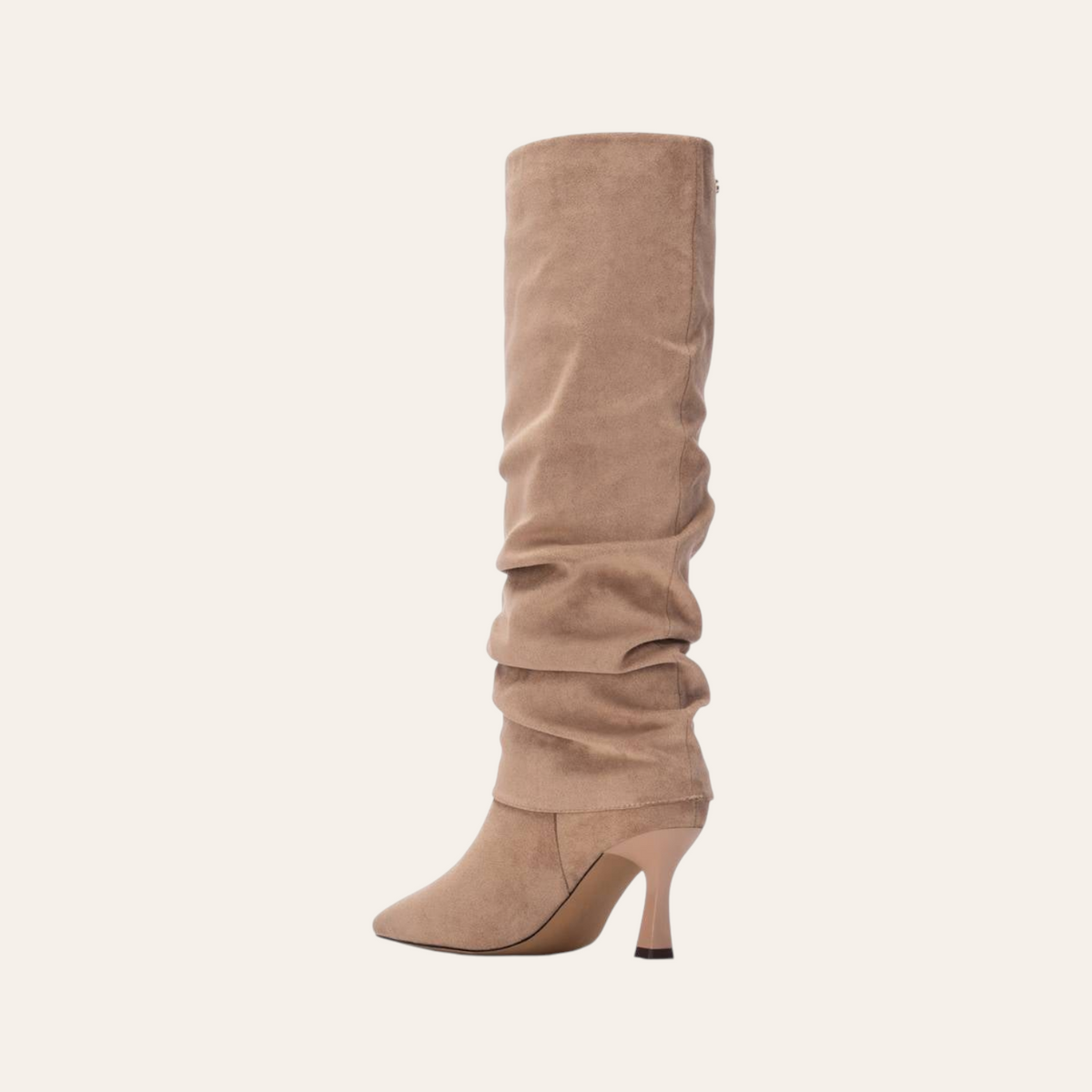 So and Ro - shoes and more - Rebecca beige microsuede knee-high slouch boots with a pointed toe and kitten heel