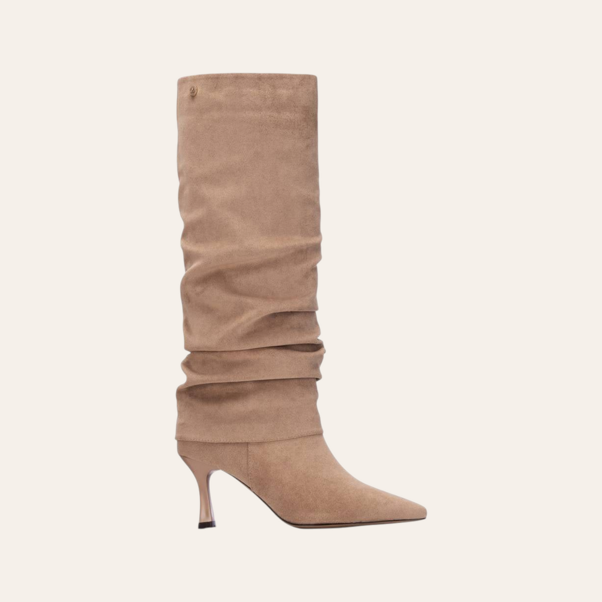 So and Ro - shoes and more - Rebecca beige microsuede knee-high slouch boots with a pointed toe and kitten heel