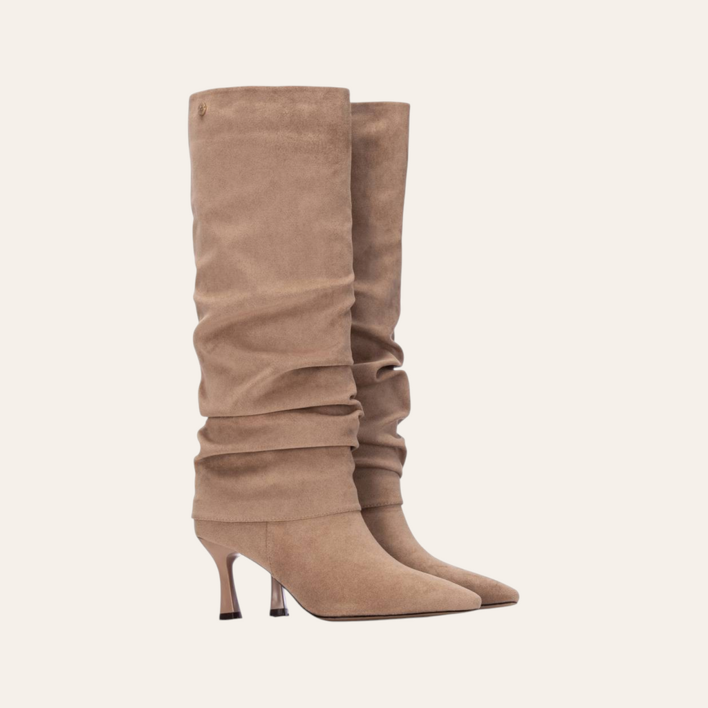 So and Ro - shoes and more - Rebecca beige microsuede slouchy knee-high boots with a pointed toe and stiletto heel