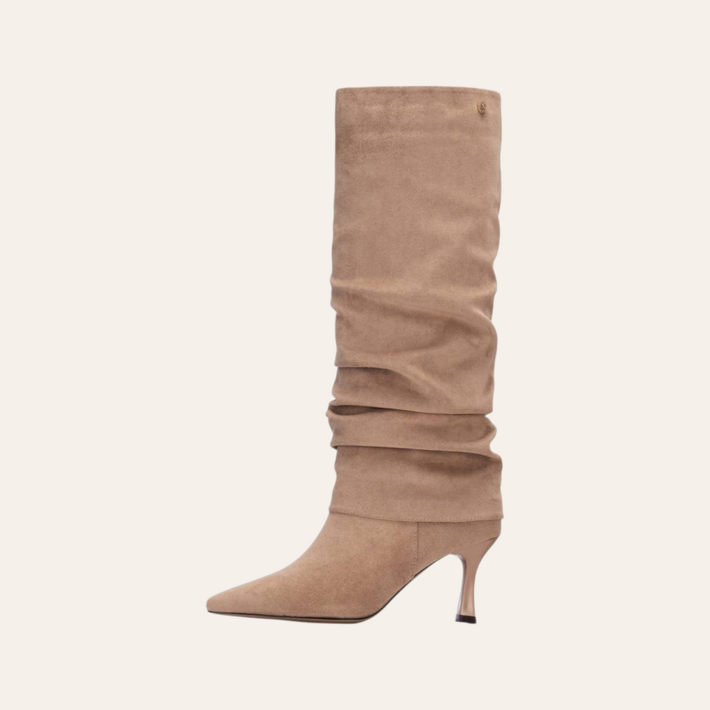 So and Ro - shoes and more - Rebecca beige microsuede slouchy knee-high boots with a pointed toe and kitten heel