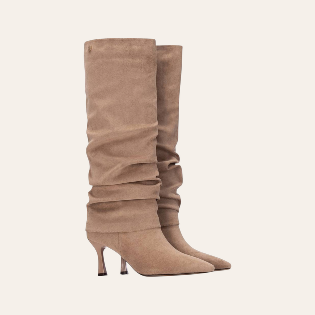So and Ro - shoes and more - Rebecca beige microsuede slouchy knee-high boots with a pointed toe and kitten heel