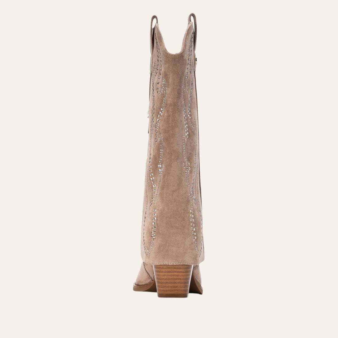 So and Ro - shoes and more - Tifa beige microsuede western boots with decorative studs and block heel, back view