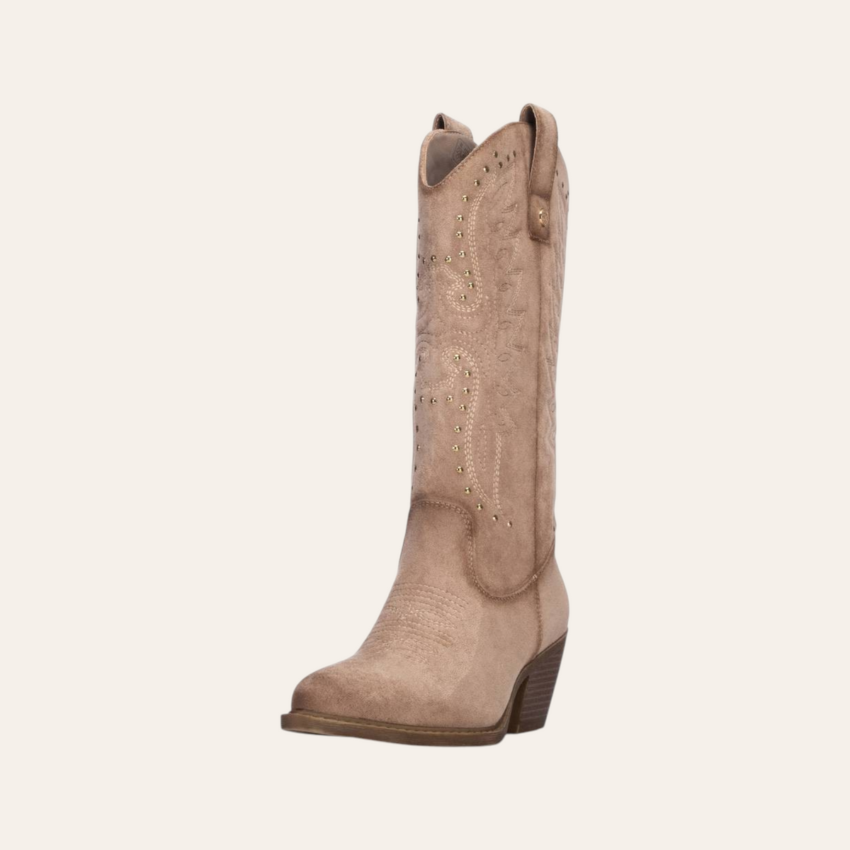 So and Ro - shoes and more - Wendy beige microsuede western boot with intricate embroidery and gold stud details.