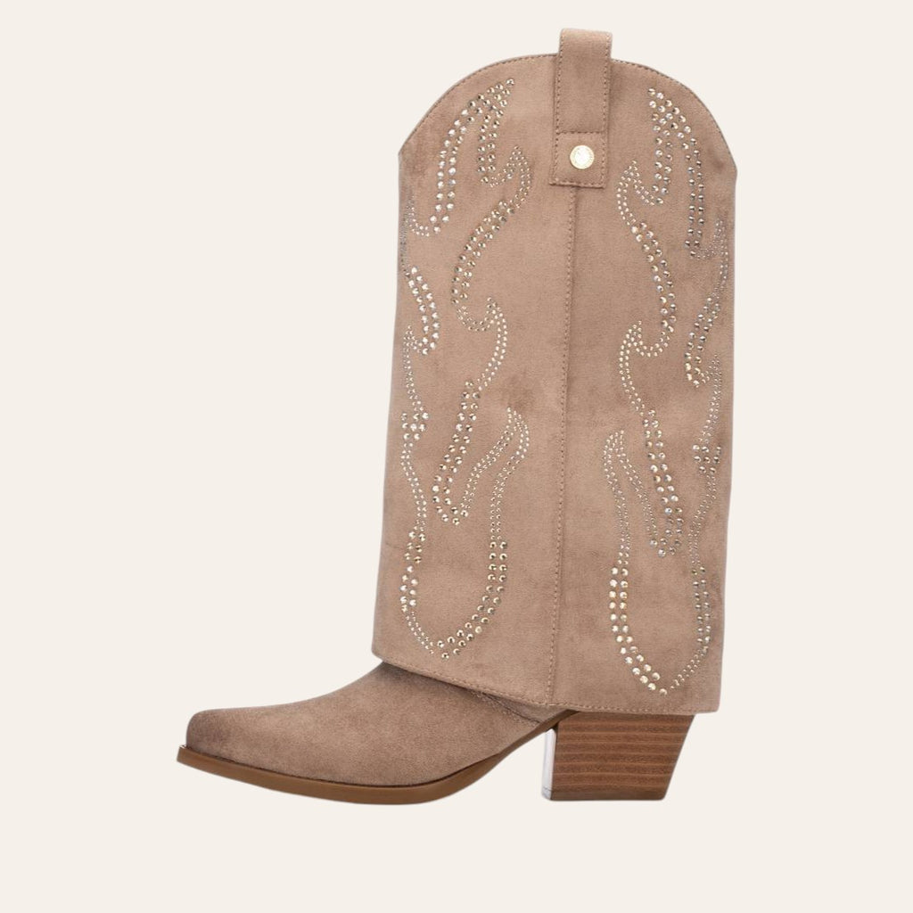 So and Ro - shoes and more - Tifa beige microsuede western-style fold-over boot with decorative studs and block heel