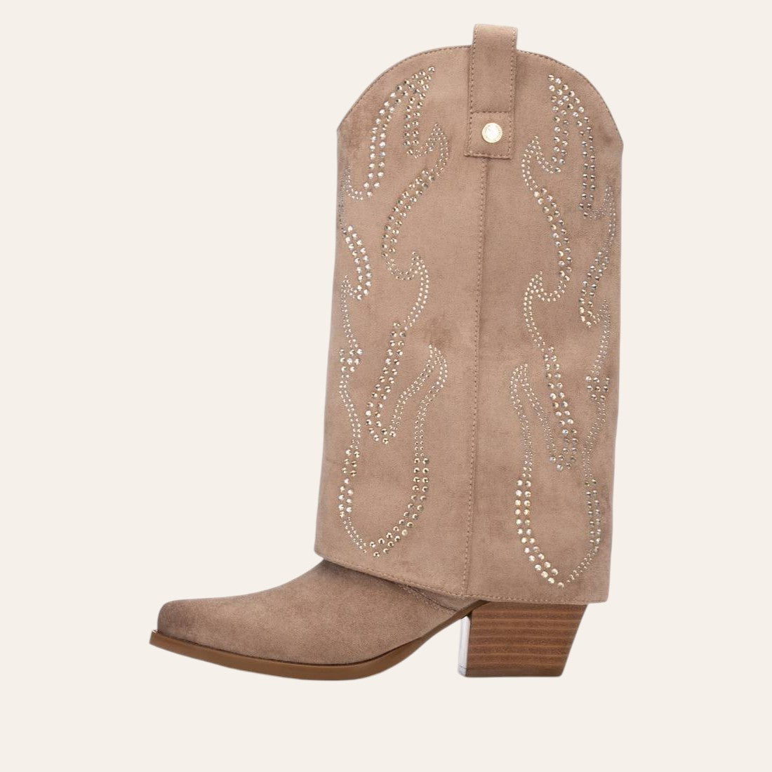 So and Ro - shoes and more - Tifa beige microsuede western-style fold-over boot with decorative studs and block heel