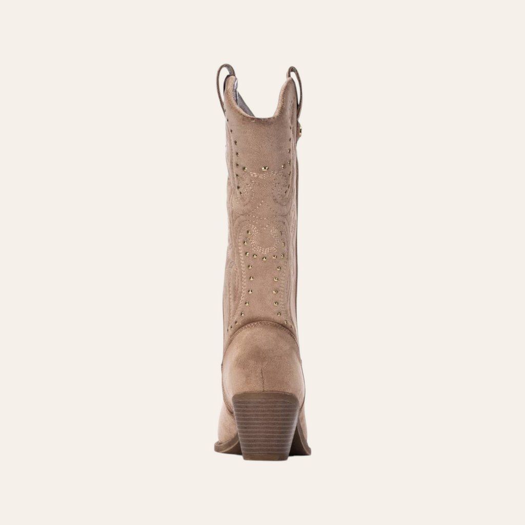 So and Ro - shoes and more - Wendy beige microsuede western boot with gold studs and embroidery, back view