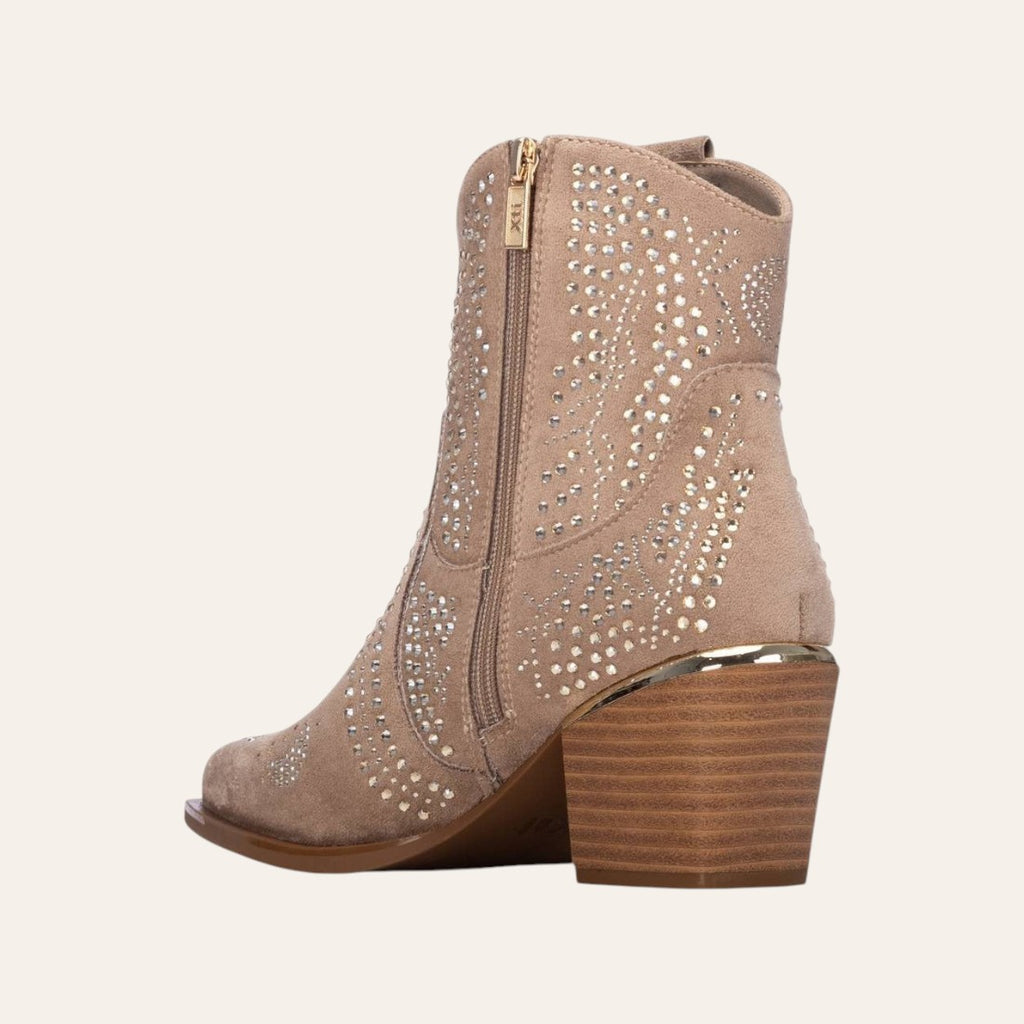 So and Ro - shoes and more - Sarah beige microsuede western ankle boot with decorative studs and block heel
