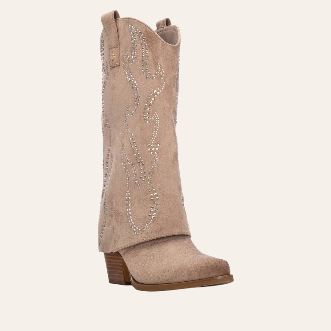 So and Ro - shoes and more - Tifa beige microsuede western-style boots with decorative studs and a block heel.