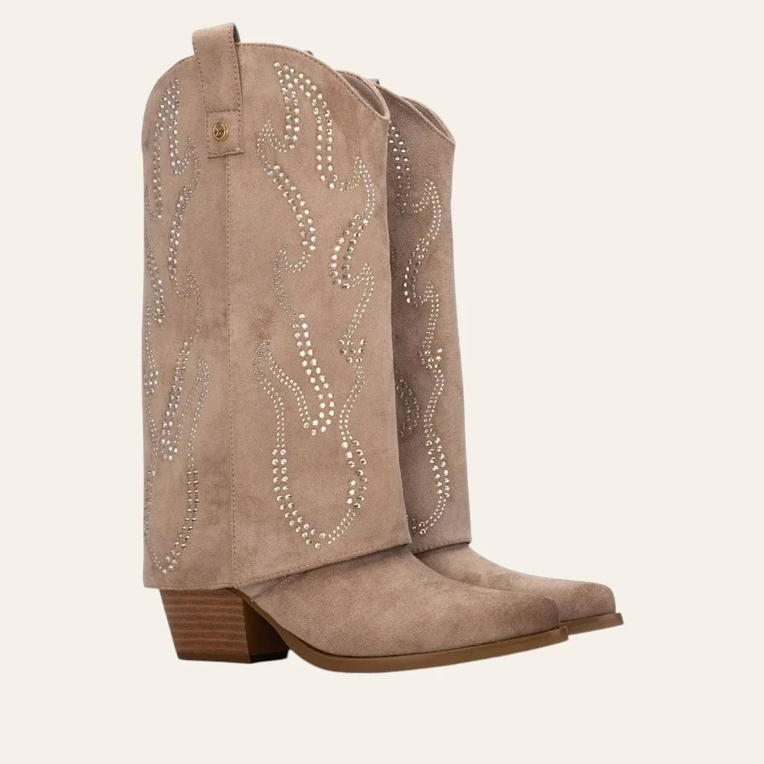 So and Ro - shoes and more - Tifa beige microsuede western boots with decorative studs and a block heel