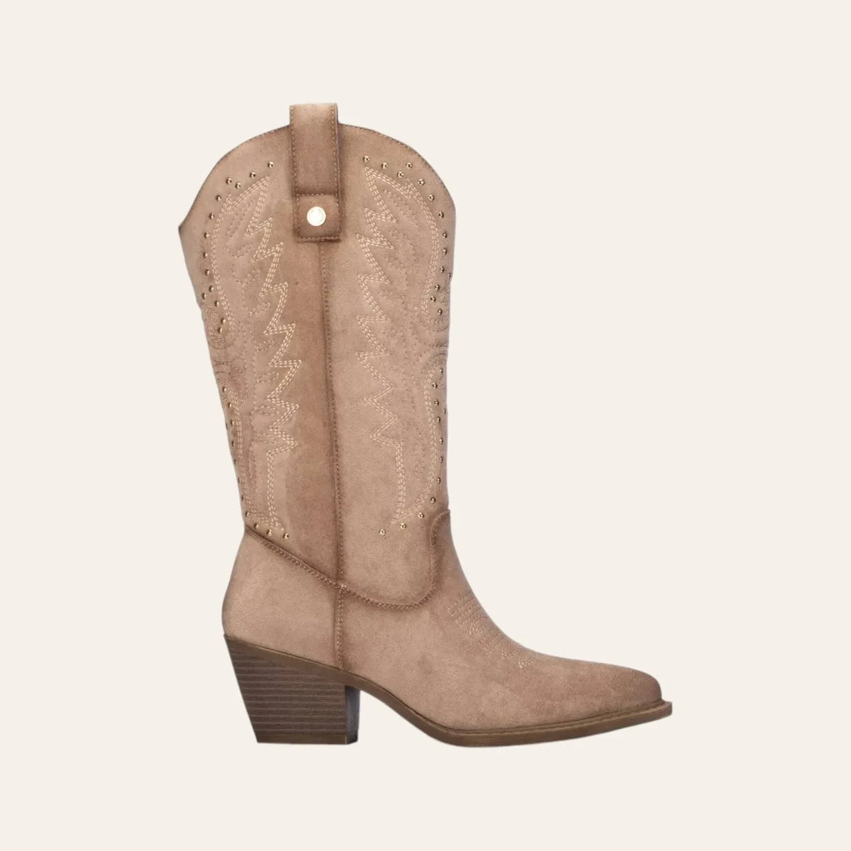 So and Ro - shoes and more - Wendy beige microsuede western boots with decorative embroidery and gold studs