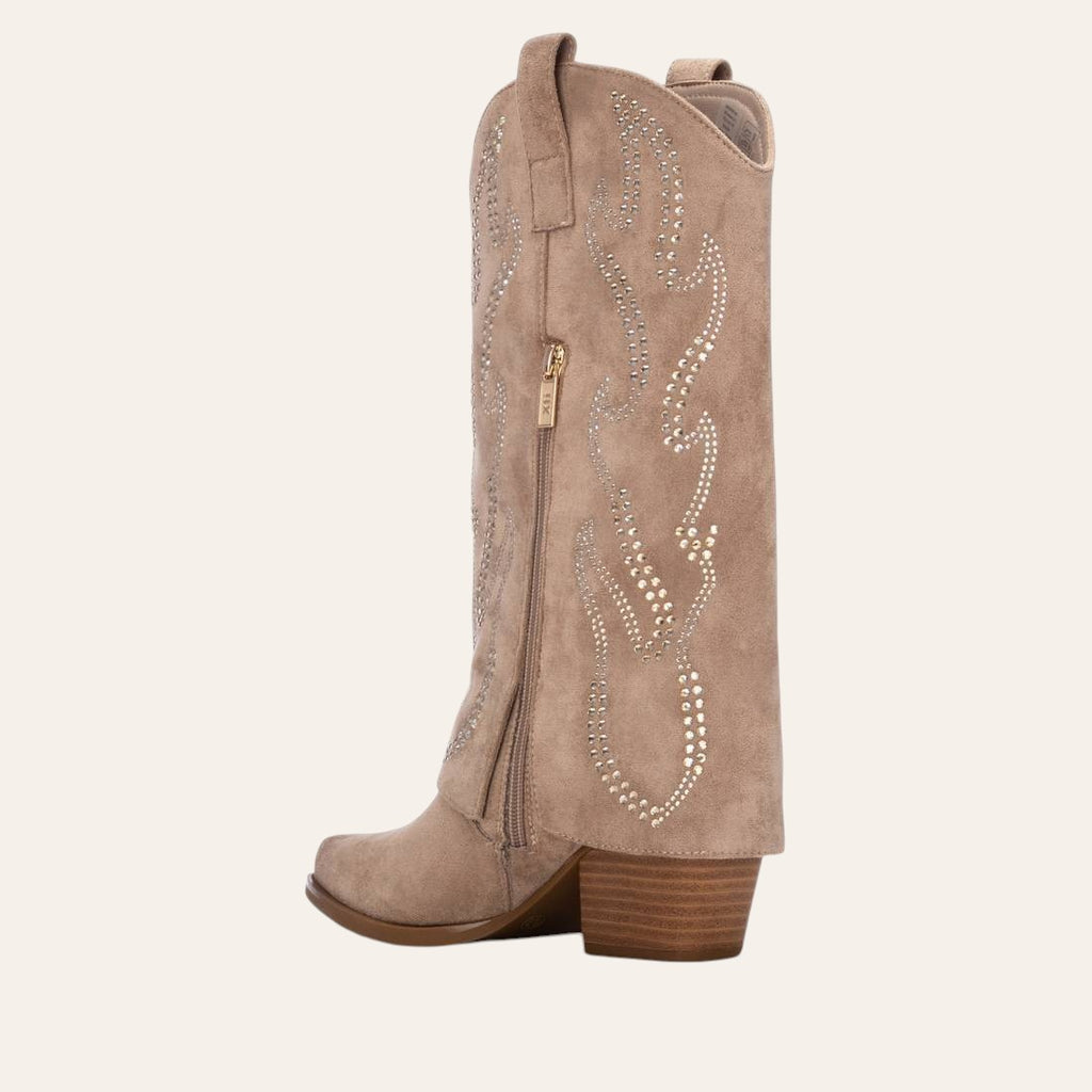 So and Ro - shoes and more - Tifa beige microsuede western-style boots with decorative studs and a block heel