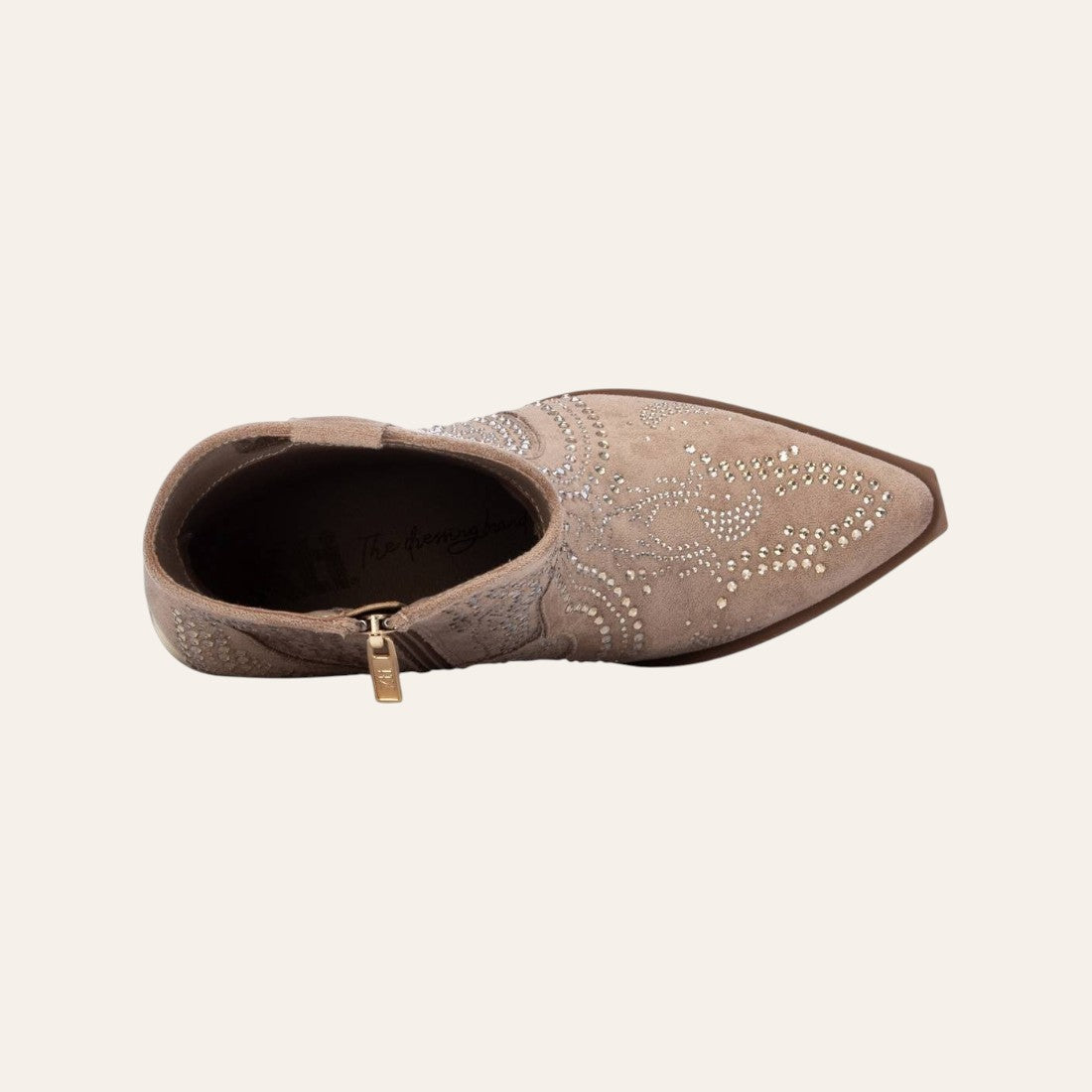 So and Ro - shoes and more - Sarah beige microsuede western ankle boots with decorative stud detailing, top view