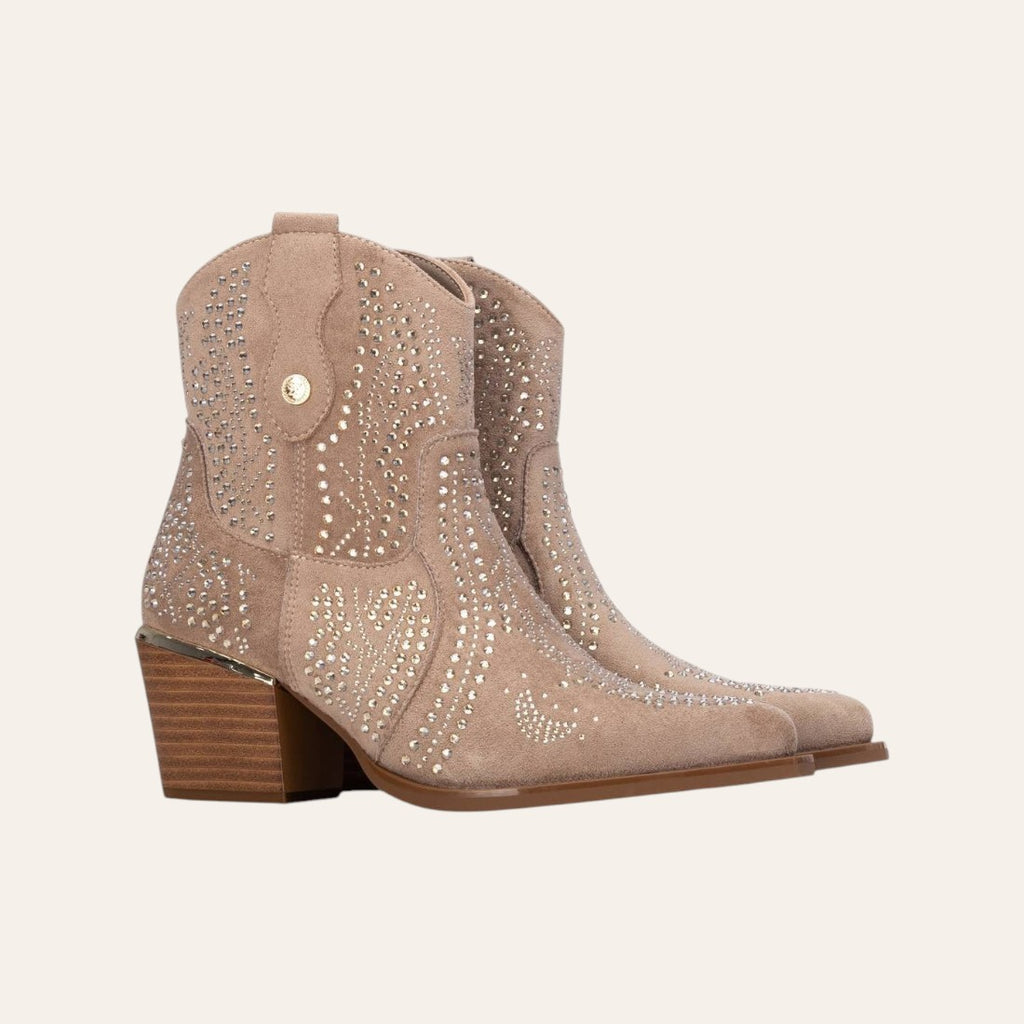 So and Ro - shoes and more - Sarah beige microsuede ankle boots with decorative studs and a western-inspired heel