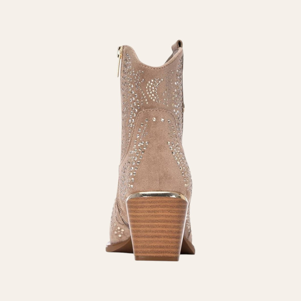 So and Ro - shoes and more - Sarah beige microsuede western ankle boots with decorative studs and a block heel