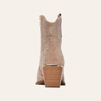 So and Ro - shoes and more - Sarah beige microsuede western ankle boots with decorative studs and a block heel