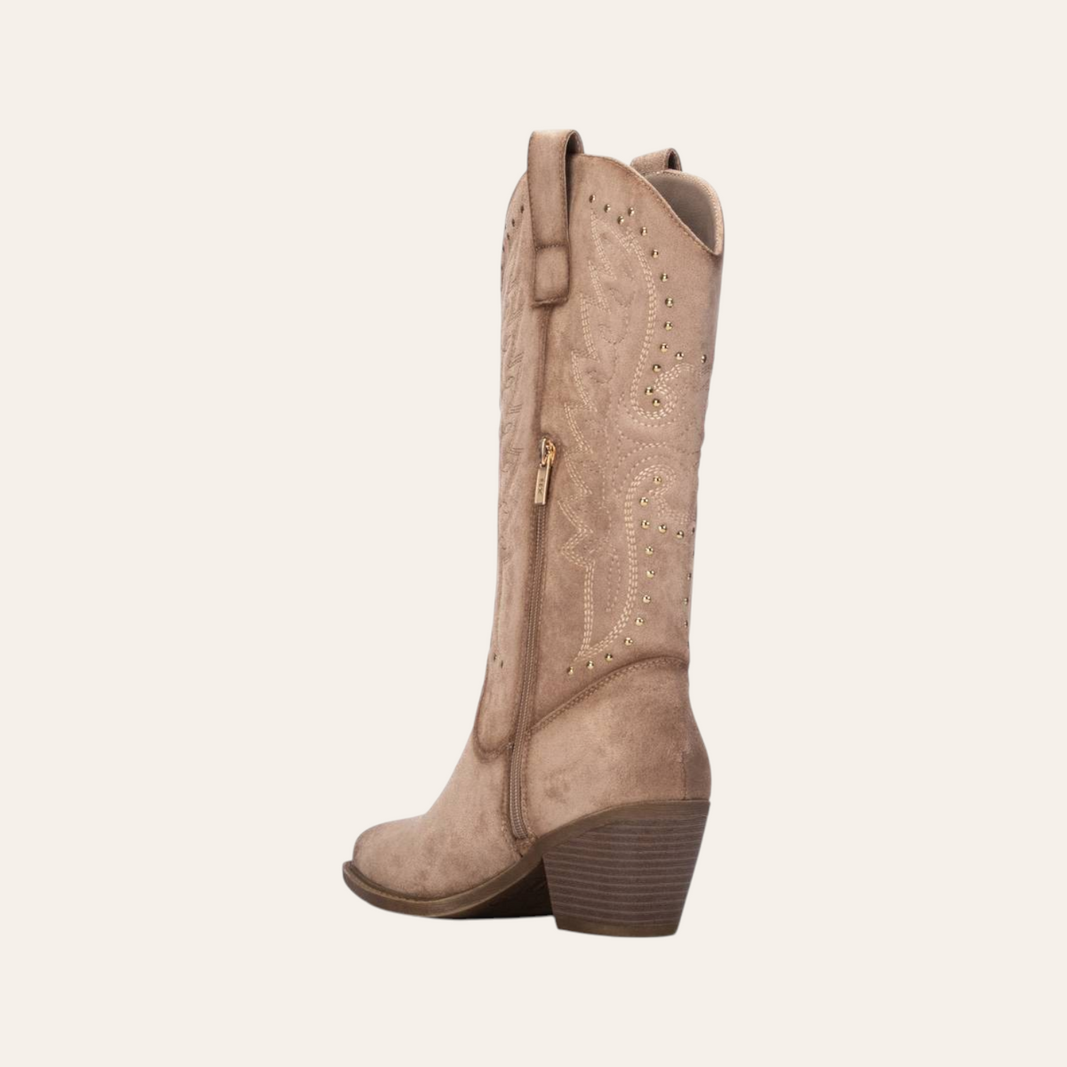 So and Ro - shoes and more - Wendy beige microsuede western boot with embroidery, gold studs, and block heel