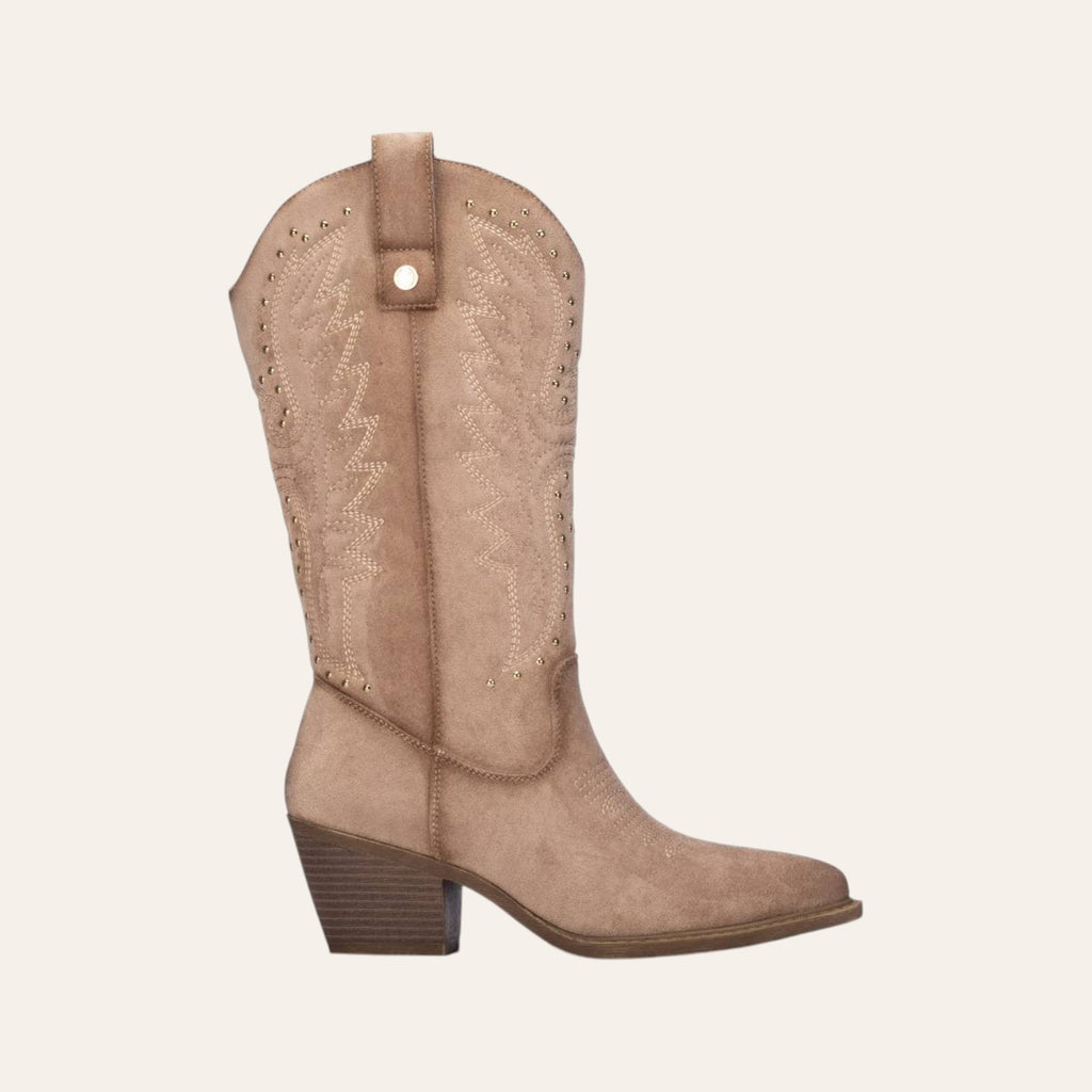So and Ro - shoes and more - Wendy beige microsuede western boots with intricate embroidery and gold stud details.