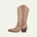 So and Ro - shoes and more - Wendy beige microsuede western boots with intricate embroidery and gold stud details.
