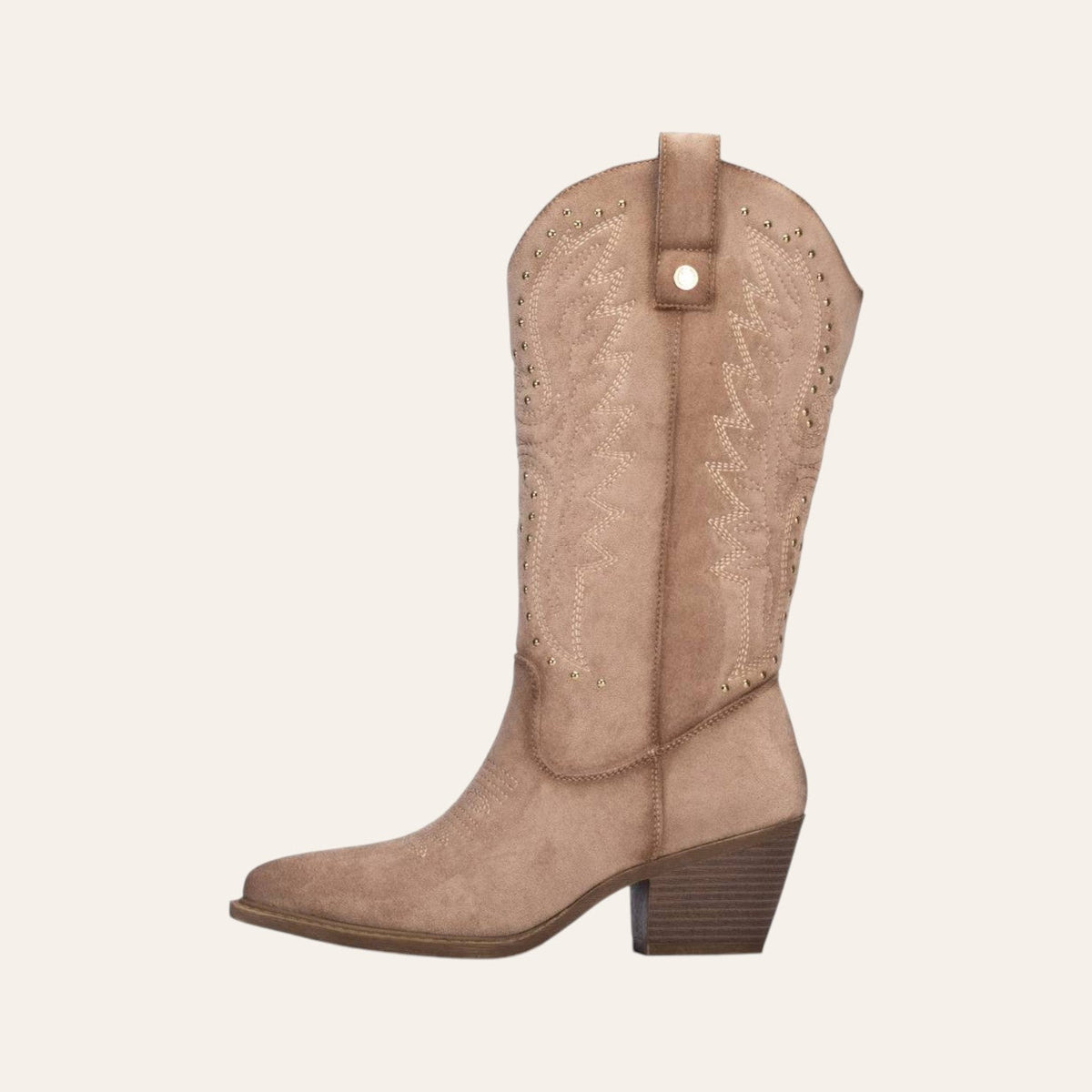 So and Ro - shoes and more - Wendy beige microsuede western boots with intricate embroidery and gold stud details.
