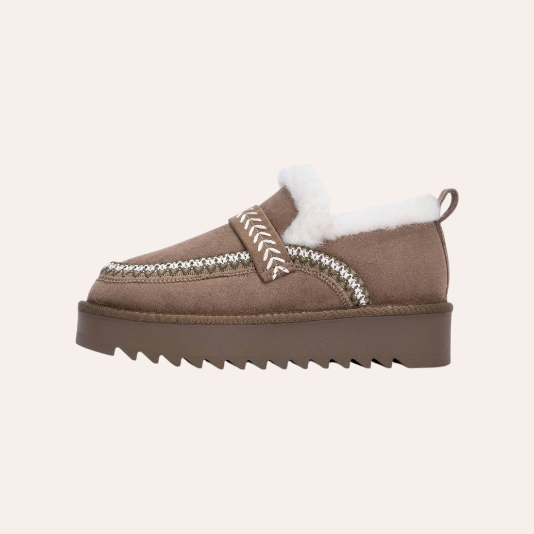 So and Ro - shoes and more - beige Refresh instapschoenen met witte pluizige rand, borduurwerk en dikke profielzool