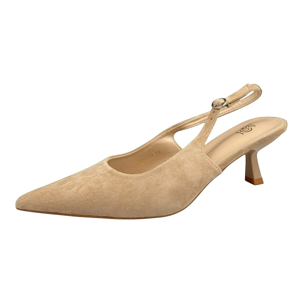 So and Ro - shoes and more - beige slingback met puntneus, kitten heel en verstelbare enkelband in microsuede