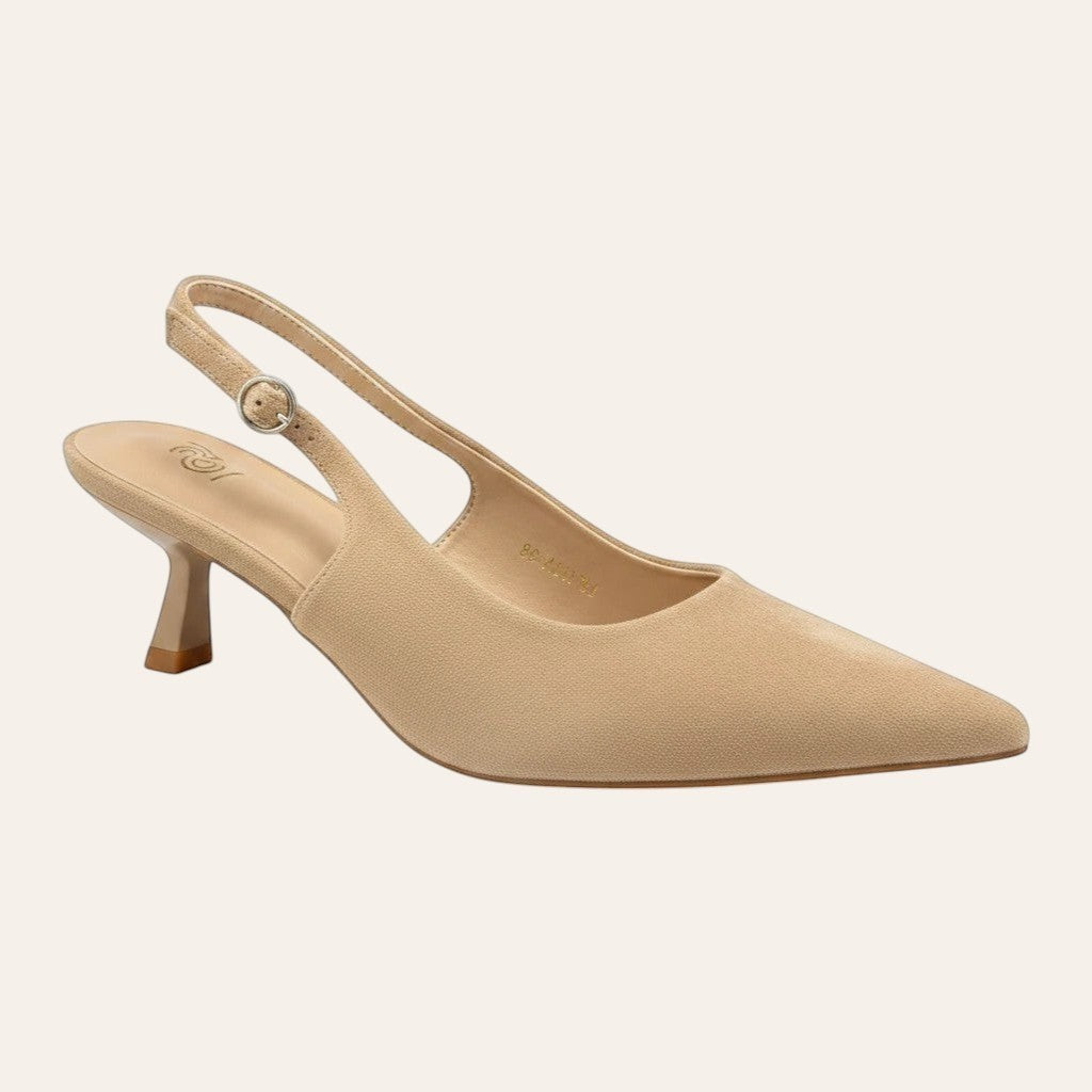 So and Ro - shoes and more - beige microsuede slingback met puntneus en comfortabele kitten heel