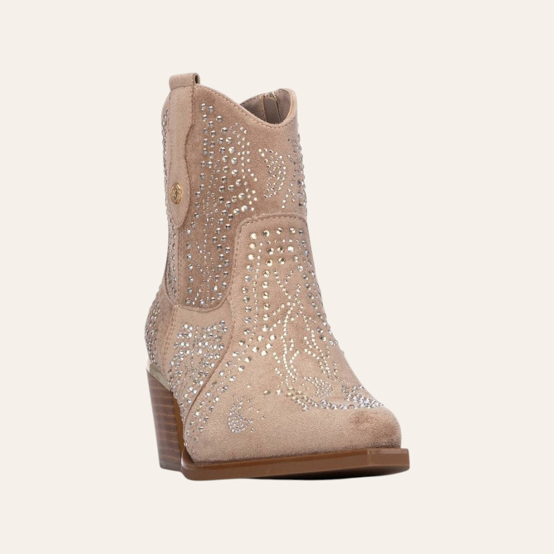 So and Ro - shoes and more - Sarah beige microsuede ankle boots with decorative studs and western-style block heel