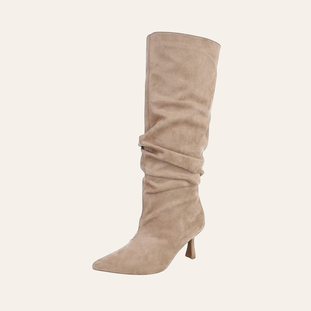 So and Ro - shoes and more - Emma kniehoge laarzen in beige suède look met ruched schacht en elegante kitten heel