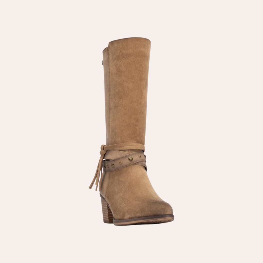 So and Ro - shoes and more - REFRESH Steffi beige westernlaarzen in suède-look met blokhak en decoratieve enkelbandjes