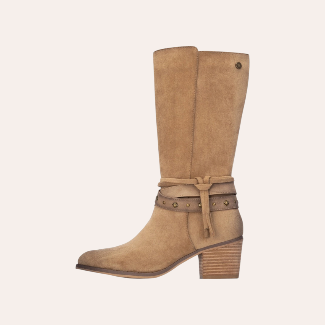 So and Ro - shoes and more - REFRESH beige western laarzen met suède-look, blokhak en decoratieve enkelbandjes.